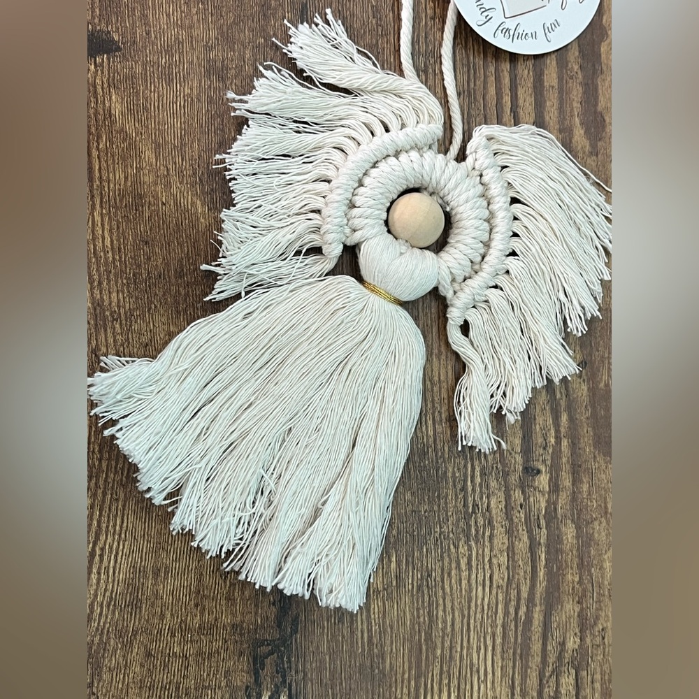 Handmade macrame angel ornament tan